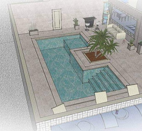 Infografía de piscina climatizada con escalera de obra y cama de agua