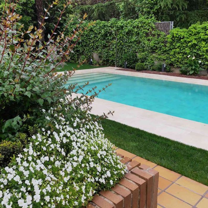 Jardín con piscina desbordante reformada